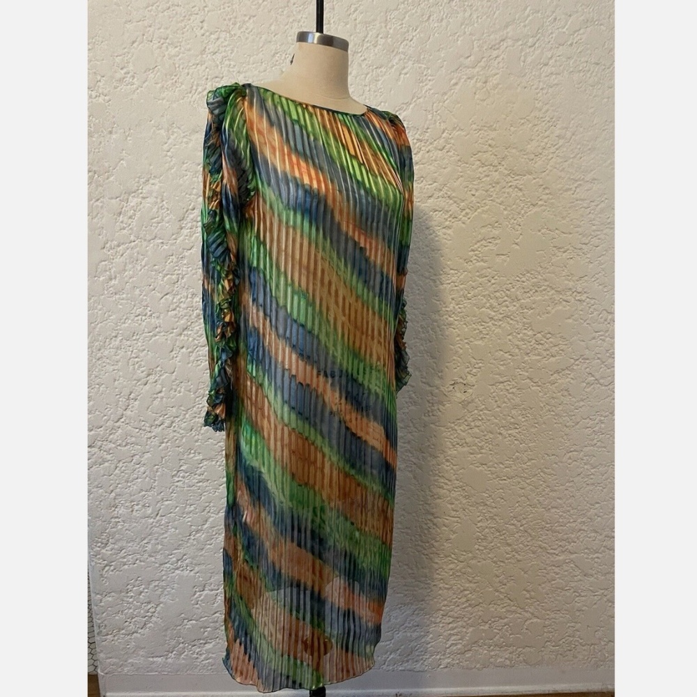 Vintage Silk Caftan Dress Size S/M, Sheer Stripe, Long Ruffle Sleeve, Green Blue
